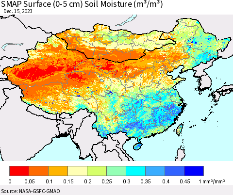 China, Mongolia and Taiwan SMAP Surface (0-5 cm) Soil Moisture (m³/m³) Thematic Map For 12/11/2023 - 12/15/2023