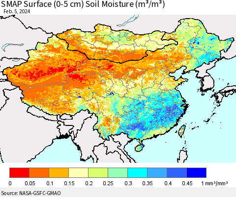 China, Mongolia and Taiwan SMAP Surface (0-5 cm) Soil Moisture (m³/m³) Thematic Map For 2/1/2024 - 2/5/2024