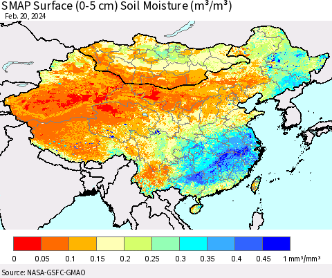 China, Mongolia and Taiwan SMAP Surface (0-5 cm) Soil Moisture (m³/m³) Thematic Map For 2/16/2024 - 2/20/2024