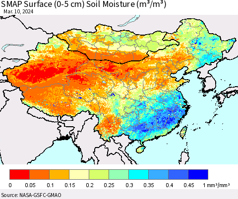 China, Mongolia and Taiwan SMAP Surface (0-5 cm) Soil Moisture (m³/m³) Thematic Map For 3/6/2024 - 3/10/2024
