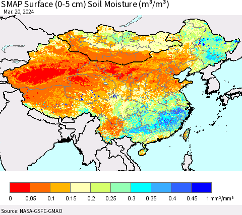 China, Mongolia and Taiwan SMAP Surface (0-5 cm) Soil Moisture (m³/m³) Thematic Map For 3/16/2024 - 3/20/2024