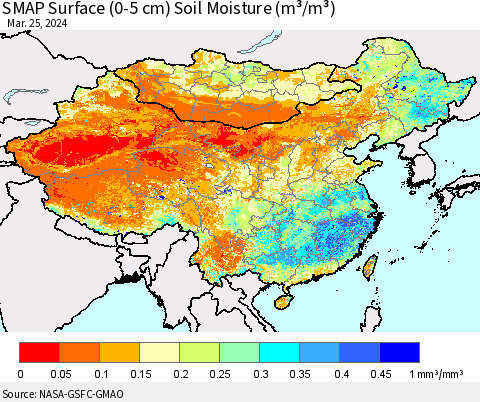 China, Mongolia and Taiwan SMAP Surface (0-5 cm) Soil Moisture (m³/m³) Thematic Map For 3/21/2024 - 3/25/2024