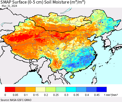 China, Mongolia and Taiwan SMAP Surface (0-5 cm) Soil Moisture (m³/m³) Thematic Map For 3/26/2024 - 3/31/2024