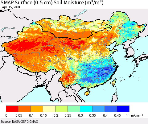 China, Mongolia and Taiwan SMAP Surface (0-5 cm) Soil Moisture (m³/m³) Thematic Map For 4/11/2024 - 4/15/2024