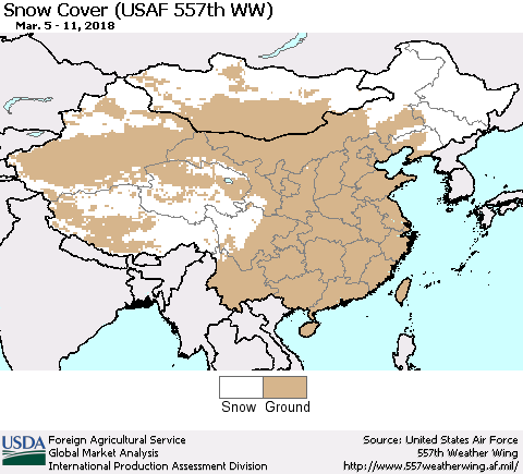 China, Mongolia and Taiwan Snow Cover (USAF 557th WW) Thematic Map For 3/5/2018 - 3/11/2018