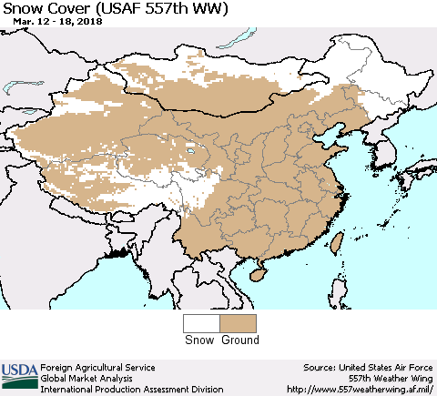 China, Mongolia and Taiwan Snow Cover (USAF 557th WW) Thematic Map For 3/12/2018 - 3/18/2018