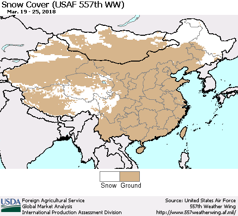 China, Mongolia and Taiwan Snow Cover (USAF 557th WW) Thematic Map For 3/19/2018 - 3/25/2018