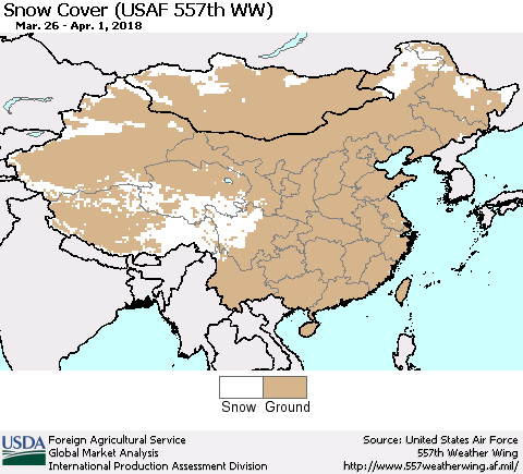 China, Mongolia and Taiwan Snow Cover (USAF 557th WW) Thematic Map For 3/26/2018 - 4/1/2018
