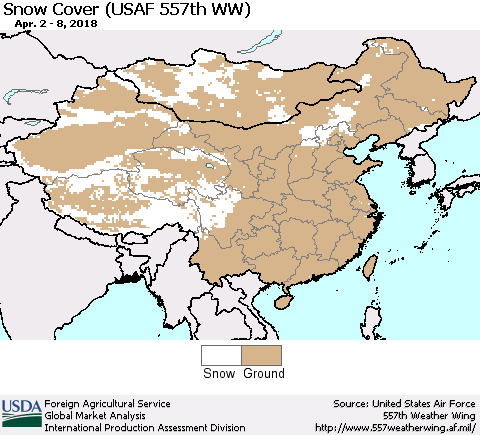 China, Mongolia and Taiwan Snow Cover (USAF 557th WW) Thematic Map For 4/2/2018 - 4/8/2018