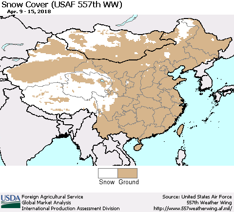 China, Mongolia and Taiwan Snow Cover (USAF 557th WW) Thematic Map For 4/9/2018 - 4/15/2018