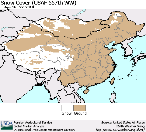 China, Mongolia and Taiwan Snow Cover (USAF 557th WW) Thematic Map For 4/16/2018 - 4/22/2018