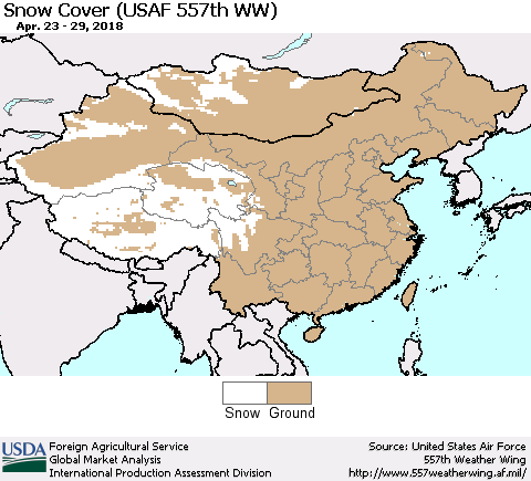 China, Mongolia and Taiwan Snow Cover (USAF 557th WW) Thematic Map For 4/23/2018 - 4/29/2018