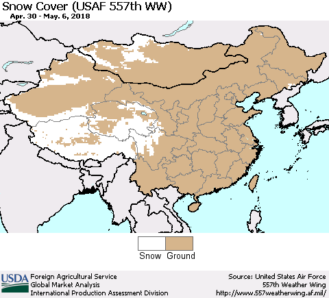 China, Mongolia and Taiwan Snow Cover (USAF 557th WW) Thematic Map For 4/30/2018 - 5/6/2018