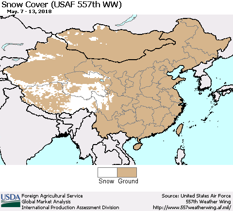 China, Mongolia and Taiwan Snow Cover (USAF 557th WW) Thematic Map For 5/7/2018 - 5/13/2018