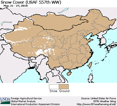 China, Mongolia and Taiwan Snow Cover (USAF 557th WW) Thematic Map For 5/21/2018 - 5/27/2018