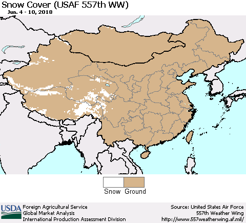 China, Mongolia and Taiwan Snow Cover (USAF 557th WW) Thematic Map For 6/4/2018 - 6/10/2018