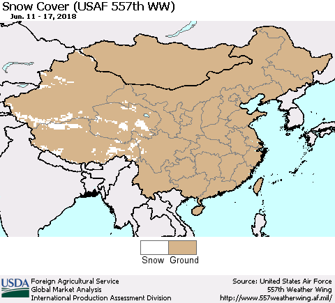 China, Mongolia and Taiwan Snow Cover (USAF 557th WW) Thematic Map For 6/11/2018 - 6/17/2018
