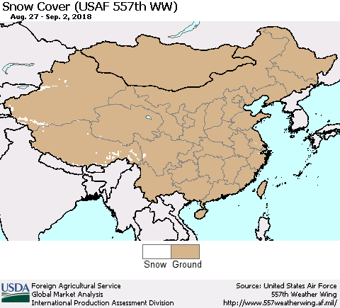 China, Mongolia and Taiwan Snow Cover (USAF 557th WW) Thematic Map For 8/27/2018 - 9/2/2018