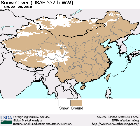 China, Mongolia and Taiwan Snow Cover (USAF 557th WW) Thematic Map For 10/22/2018 - 10/28/2018