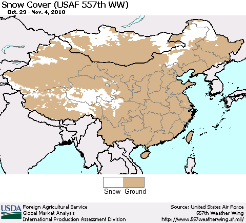 China, Mongolia and Taiwan Snow Cover (USAF 557th WW) Thematic Map For 10/29/2018 - 11/4/2018