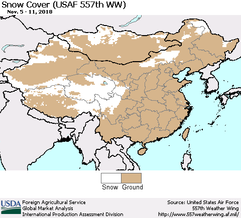 China, Mongolia and Taiwan Snow Cover (USAF 557th WW) Thematic Map For 11/5/2018 - 11/11/2018
