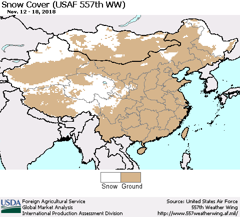 China, Mongolia and Taiwan Snow Cover (USAF 557th WW) Thematic Map For 11/12/2018 - 11/18/2018