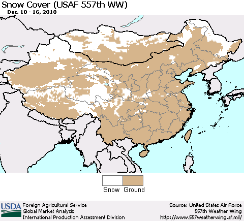 China, Mongolia and Taiwan Snow Cover (USAF 557th WW) Thematic Map For 12/10/2018 - 12/16/2018