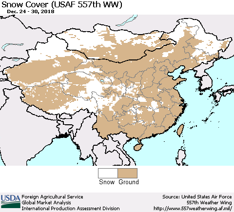 China, Mongolia and Taiwan Snow Cover (USAF 557th WW) Thematic Map For 12/24/2018 - 12/30/2018