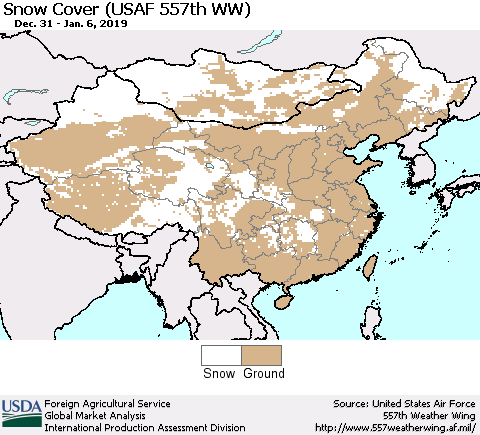 China, Mongolia and Taiwan Snow Cover (USAF 557th WW) Thematic Map For 12/31/2018 - 1/6/2019