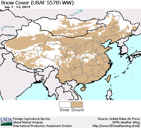 China, Mongolia and Taiwan Snow Cover (USAF 557th WW) Thematic Map For 1/7/2019 - 1/13/2019