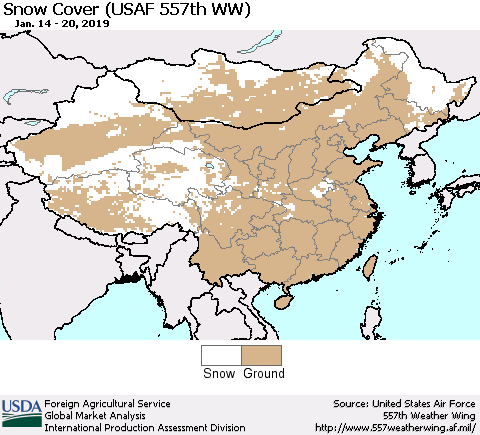 China, Mongolia and Taiwan Snow Cover (USAF 557th WW) Thematic Map For 1/14/2019 - 1/20/2019