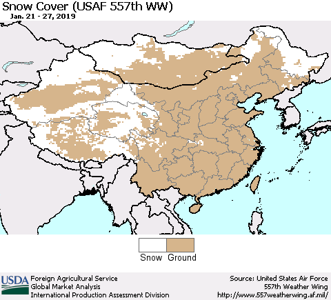 China, Mongolia and Taiwan Snow Cover (USAF 557th WW) Thematic Map For 1/21/2019 - 1/27/2019
