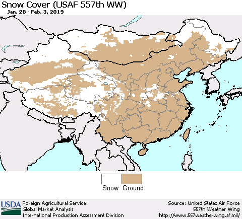 China, Mongolia and Taiwan Snow Cover (USAF 557th WW) Thematic Map For 1/28/2019 - 2/3/2019