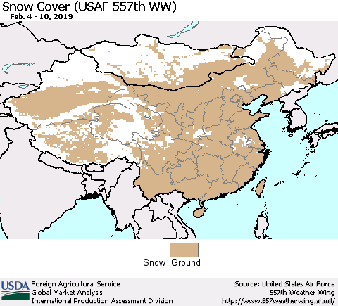 China, Mongolia and Taiwan Snow Cover (USAF 557th WW) Thematic Map For 2/4/2019 - 2/10/2019