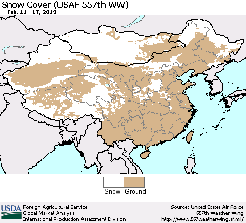 China, Mongolia and Taiwan Snow Cover (USAF 557th WW) Thematic Map For 2/11/2019 - 2/17/2019