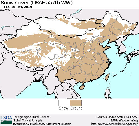 China, Mongolia and Taiwan Snow Cover (USAF 557th WW) Thematic Map For 2/18/2019 - 2/24/2019