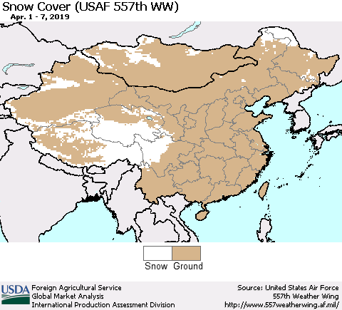 China, Mongolia and Taiwan Snow Cover (USAF 557th WW) Thematic Map For 4/1/2019 - 4/7/2019