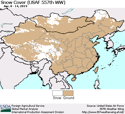 China, Mongolia and Taiwan Snow Cover (USAF 557th WW) Thematic Map For 4/8/2019 - 4/14/2019