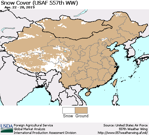 China, Mongolia and Taiwan Snow Cover (USAF 557th WW) Thematic Map For 4/22/2019 - 4/28/2019