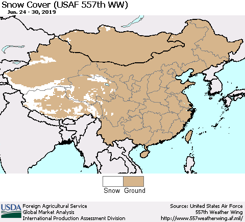 China, Mongolia and Taiwan Snow Cover (USAF 557th WW) Thematic Map For 6/24/2019 - 6/30/2019