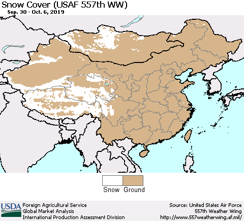 China, Mongolia and Taiwan Snow Cover (USAF 557th WW) Thematic Map For 9/30/2019 - 10/6/2019
