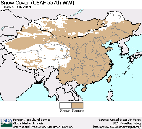 China and Taiwan Snow Cover (USAF 557th WW) Thematic Map For 11/4/2019 - 11/10/2019
