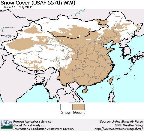 China and Taiwan Snow Cover (USAF 557th WW) Thematic Map For 11/11/2019 - 11/17/2019