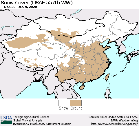 China and Taiwan Snow Cover (USAF 557th WW) Thematic Map For 12/30/2019 - 1/5/2020