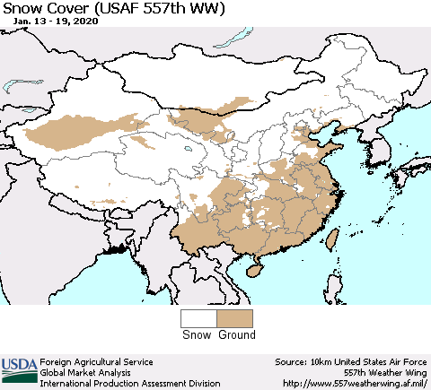 China and Taiwan Snow Cover (USAF 557th WW) Thematic Map For 1/13/2020 - 1/19/2020
