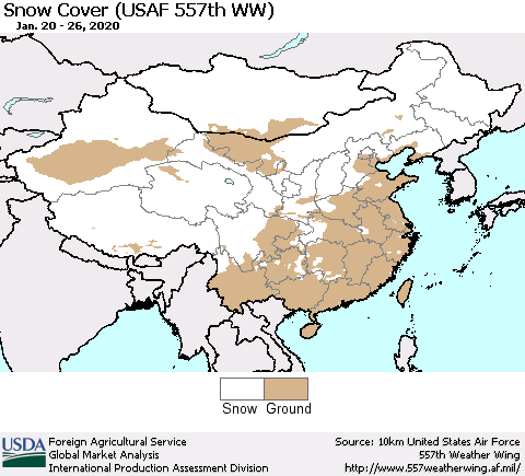 China and Taiwan Snow Cover (USAF 557th WW) Thematic Map For 1/20/2020 - 1/26/2020