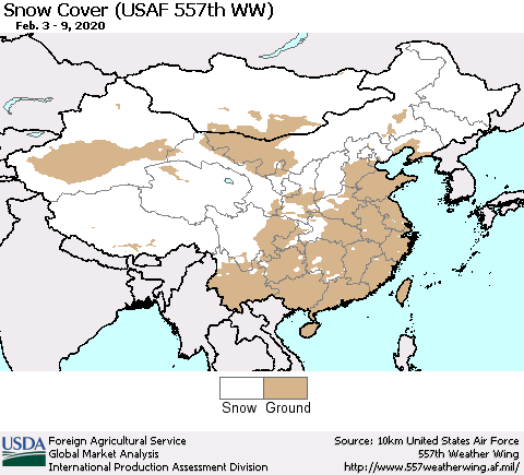 China and Taiwan Snow Cover (USAF 557th WW) Thematic Map For 2/3/2020 - 2/9/2020