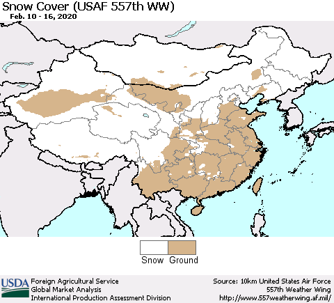 China, Mongolia and Taiwan Snow Cover (USAF 557th WW) Thematic Map For 2/10/2020 - 2/16/2020