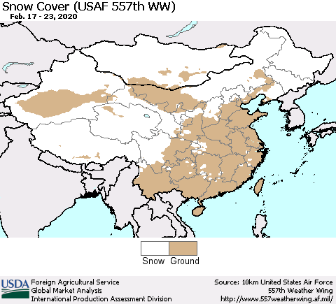 China, Mongolia and Taiwan Snow Cover (USAF 557th WW) Thematic Map For 2/17/2020 - 2/23/2020
