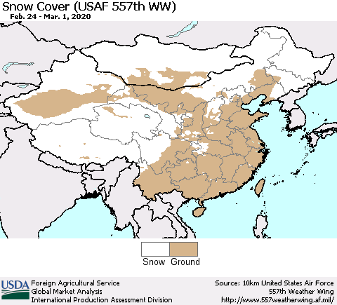 China and Taiwan Snow Cover (USAF 557th WW) Thematic Map For 2/24/2020 - 3/1/2020